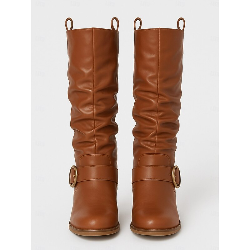 Women's Green Faux Leather Slouchy Western Boots with Buckle Detail - Knee-High Cowboy Style Boots for Casual and Boho Chic Outfits3