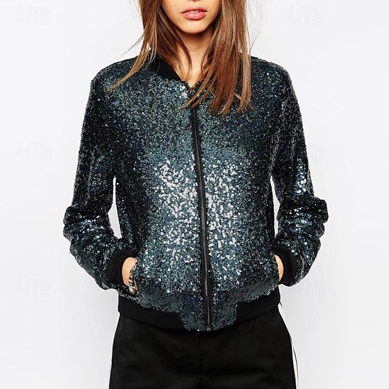 Women's Bomber Jacket Casual Jacket Comfortable Breathable Zipper Pocket Sequin Fashion Modern Casual Plain Going out Weekend Zipper Regular Stand Collar Regular Fit Long Sleeve Outerwear Black Wine4