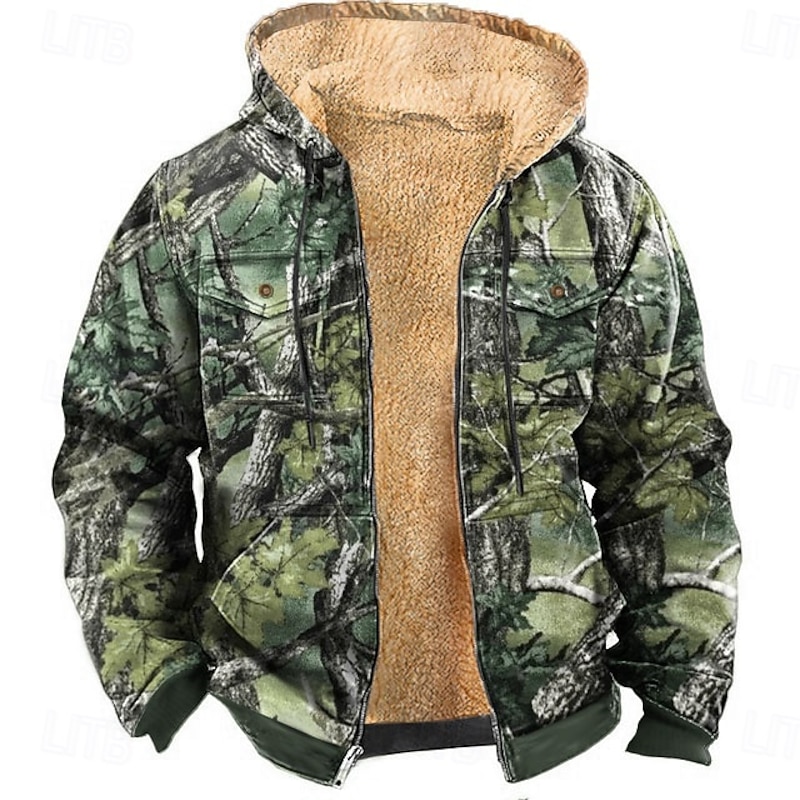Men's Camo Camouflage Fleece Hoodie Jacket Fashion Cool Hooded Hunting Blue Purple Zipper Pocket Fall Winter Designer3