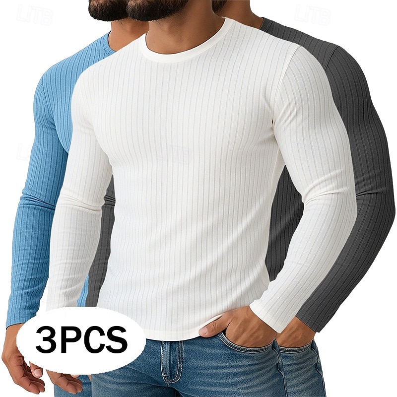 Men's T Shirt Muscle Shirt Ribbed Knit tee Tee Top Long Sleeve Crew Neck Spring Fall All Seasons Plain Textured Pit Strip Fashion Designer Basic 2 Piece Knitting Vacation Street Casual