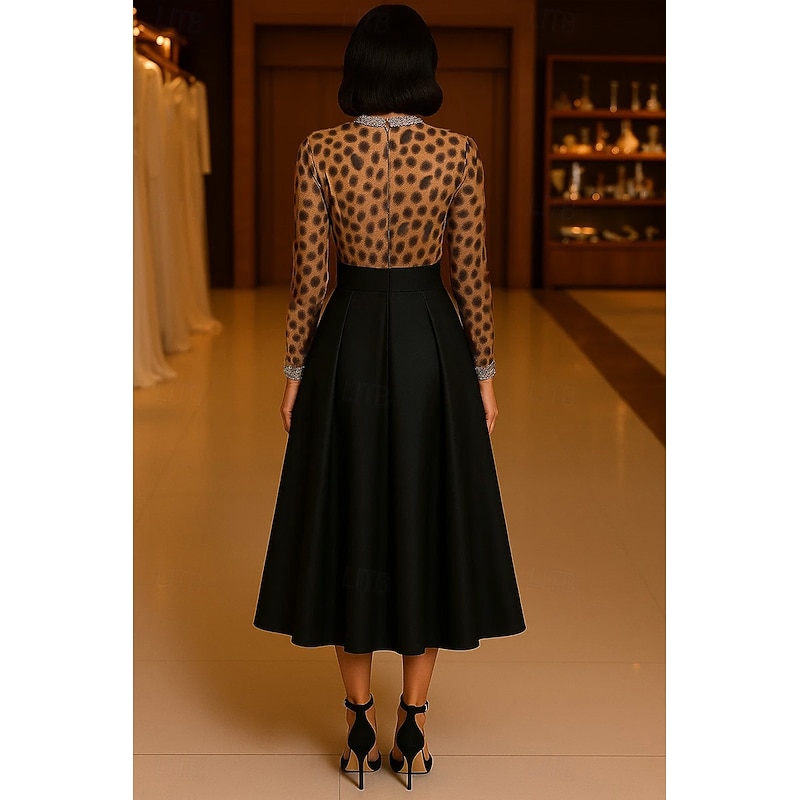 Leopard Print A-Line Cocktail Dresses Elegant Formal Dress Formal Wedding Tea Length Midi Length Long Sleeve Crew Neck Chiffon with Pleats Crystals Embellished 20252