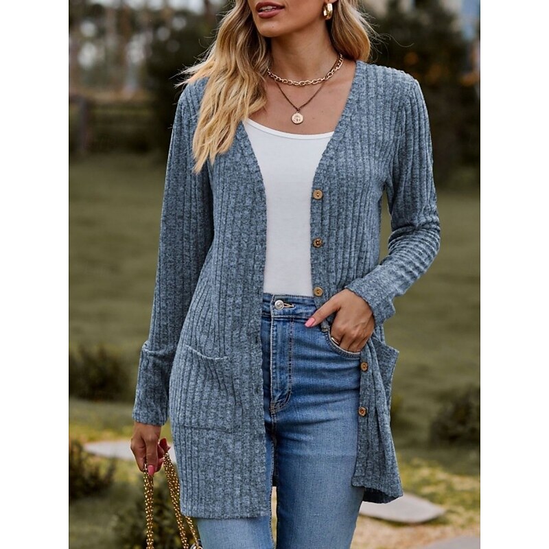Women's Sweater Cardigan Elegant Fashion Streetwear Pure Color V Neck Pocket Knitted Long Sleeve Regular Tops Knit Outdoor Daily Weekend Wine Red Black Fall Winter4