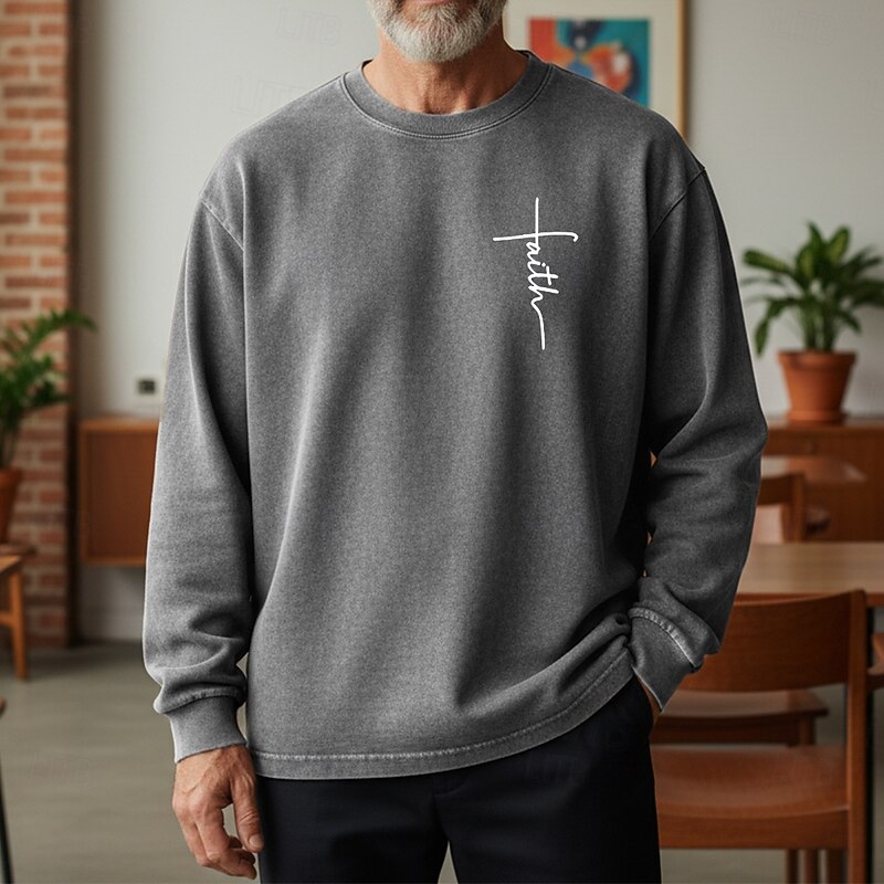 Men's Sweatshirt Distressed Hoodie Apricot Black Pink Army Green Brown Crew Neck Letter Faith Print Daily Holiday Going out 100% Cotton Vintage Retro Casual Fall Winter Clothing Apparel Hoodies3