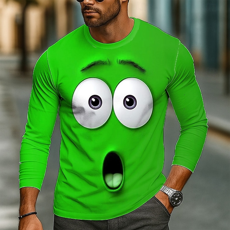 Men's 3D Funny Emotes T Shirt Long Sleeve T shirt 3D Print Crew Neck Shirt Fashion Exaggerated Street Daily Lake Blue Red Green Summer Spring Fall Clothing Apparel S M L XL XXL XXXL3