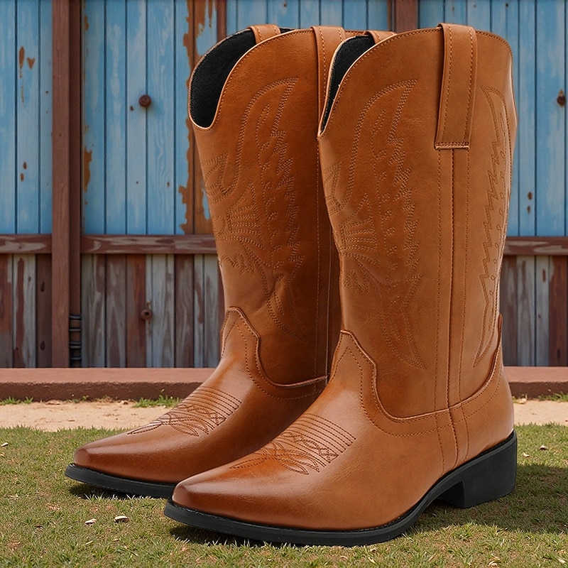 Men's Classic Tan Western Cowboy Boots with Smooth Upper and Pointed Toe, Durable Heel, Comfortable Fit, Traditional Ranch Style Footwear for Rodeo, Horseback Riding, Country Concerts and Outdoor Work
