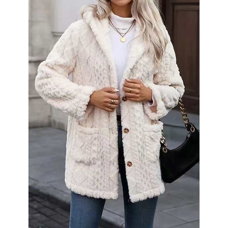Women's Fleece Jacket Comfortable Breathable Pocket Buttons Casual Plain Vacation Street Casual Daily Wear Single Breasted Regular Hooded Regular Fit Long Sleeve Outerwear White Spring Fall3