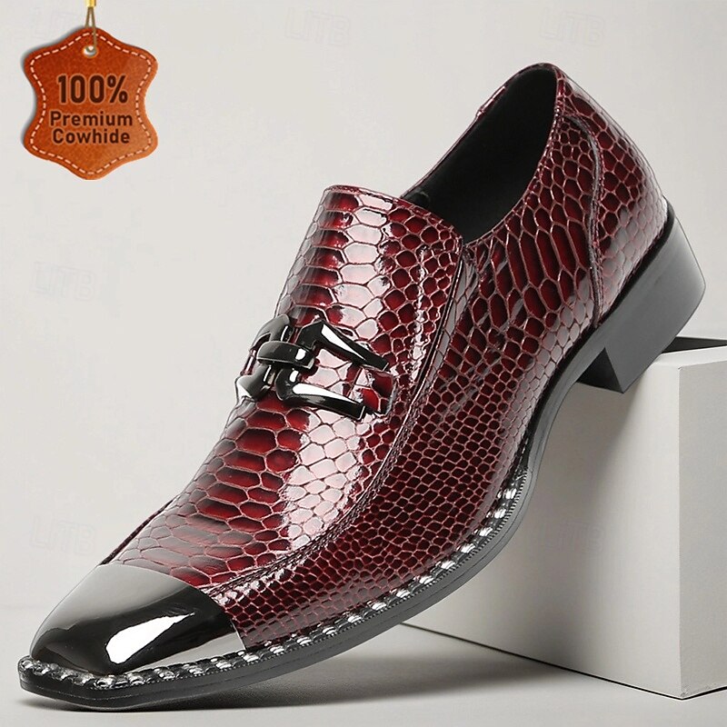 Men's Genuine Cowhide Leather Burgundy Snake Pattern Slip-On Loafers with Metal Buckle – Elegant Party and Evening Dress Shoes