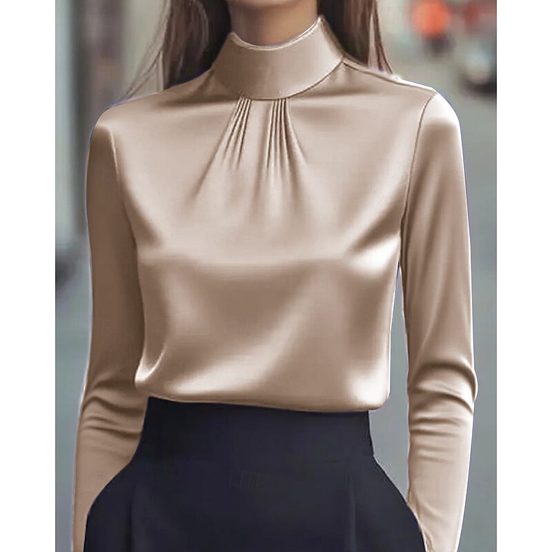 Women's Shirt Dressy Blouse Plain Elegant Stylish Long Sleeve High Neck Regular Tops Work Holiday Going out Ruched Black White Purple Khaki Spring Fall4