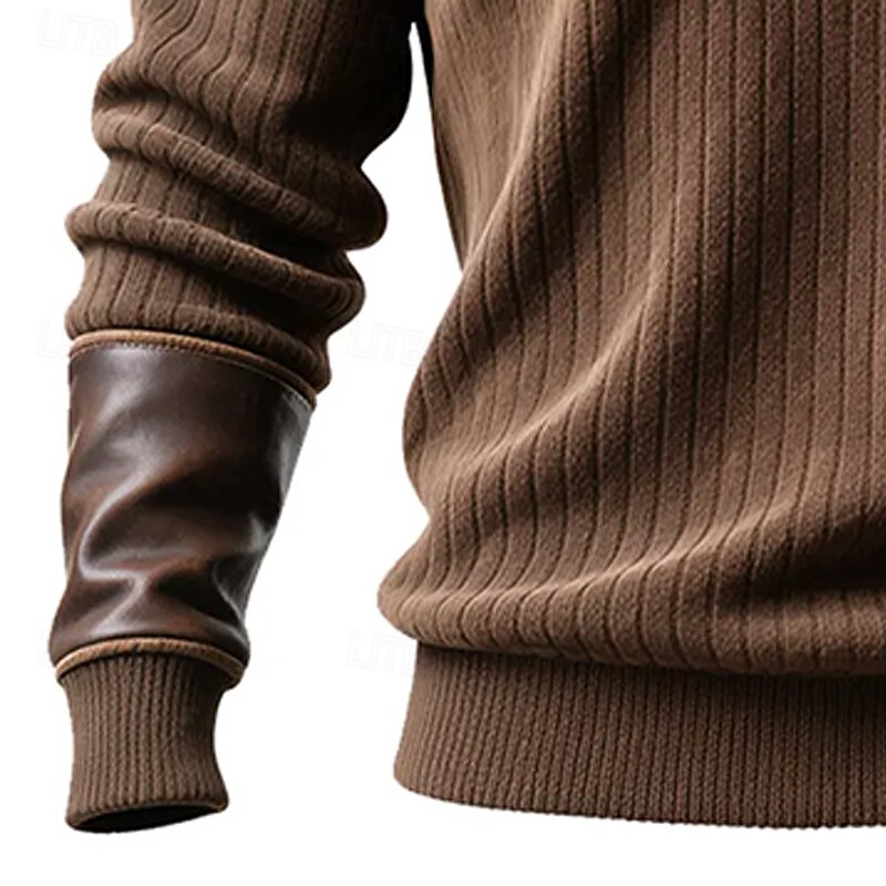 Men's Sweatshirt Pullover Quarter Zip Sweatshirt Ribbed Knit Brown Standing Collar Plain Patchwork Textured Sports & Outdoor Casual Daily Streetwear Cool Sportswear Winter Spring &  Fall Clothing2