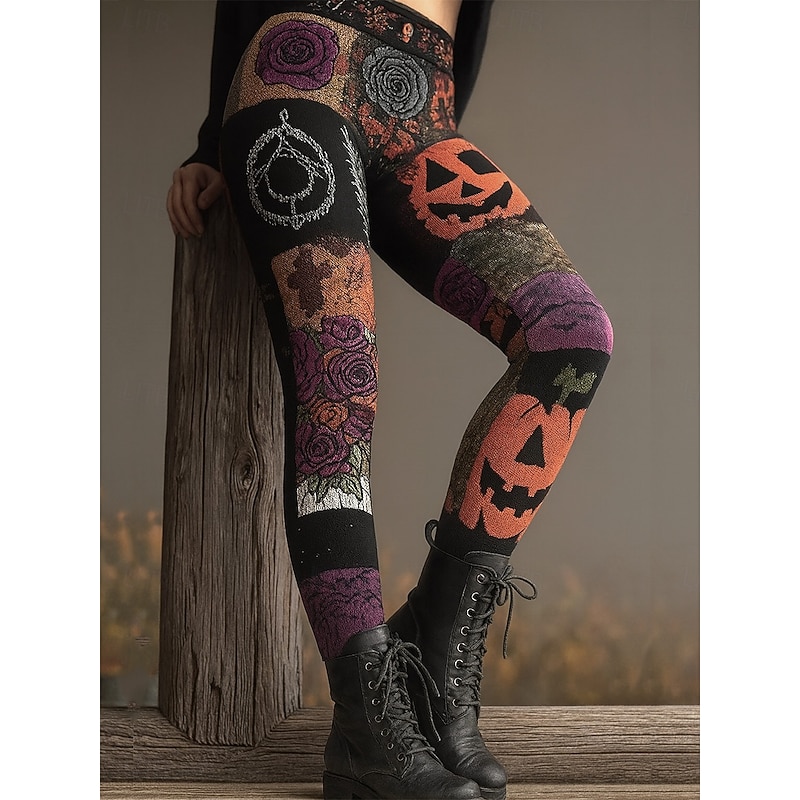 Women's Leggings Vacation Vintage Ethnic Style Full Length High WaistPantsHalloween Graphic Monster 3D Print Quick Dry Breathability Soft Stretchy Formal Outdoor Vacation Violet Grey Orange Fall Slim