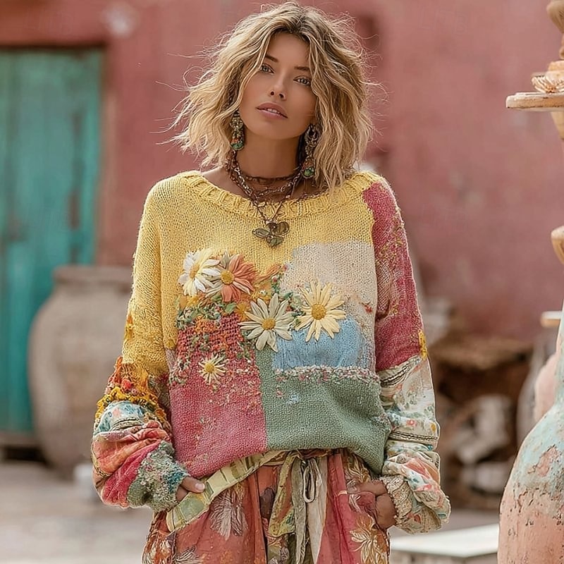 Women's Sweater Pullover Daily Casual Floral Ribbed Crew Neck Knitted Print Long Sleeve Regular Tops Knit Outdoor Weekend Yellow Fall Winter