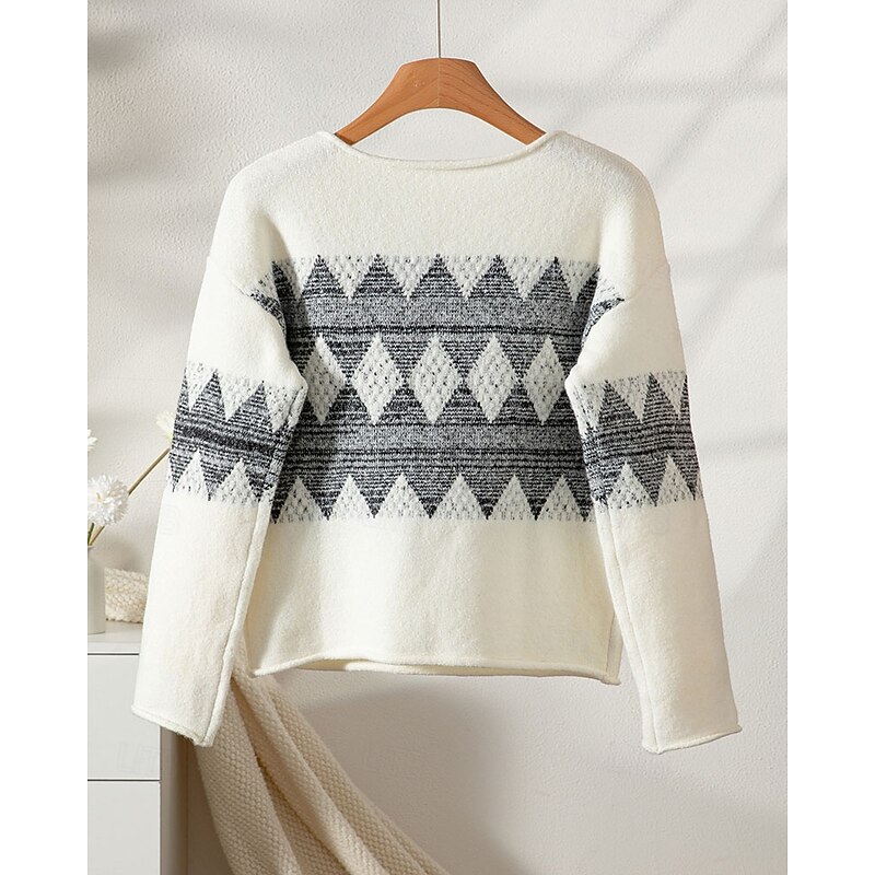 Women's Sweater Pullover Streetwear Casual Argyle Crew Neck Knitted Long Sleeve Regular Tops Knit Daily Holiday Going out Beige Fall Winter4