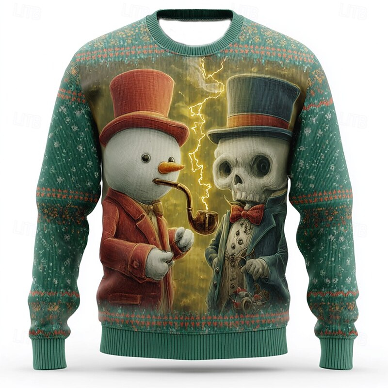 Ugly Christmas Sweater Men's Cartoon Snowman Cool Skulls Pullover Sweater Jumper Knitwear Crewneck Casual Dark Vacation Daily Festival 3D Print Keep Warm Long Sleeve Fall Winter Red Purple Green3