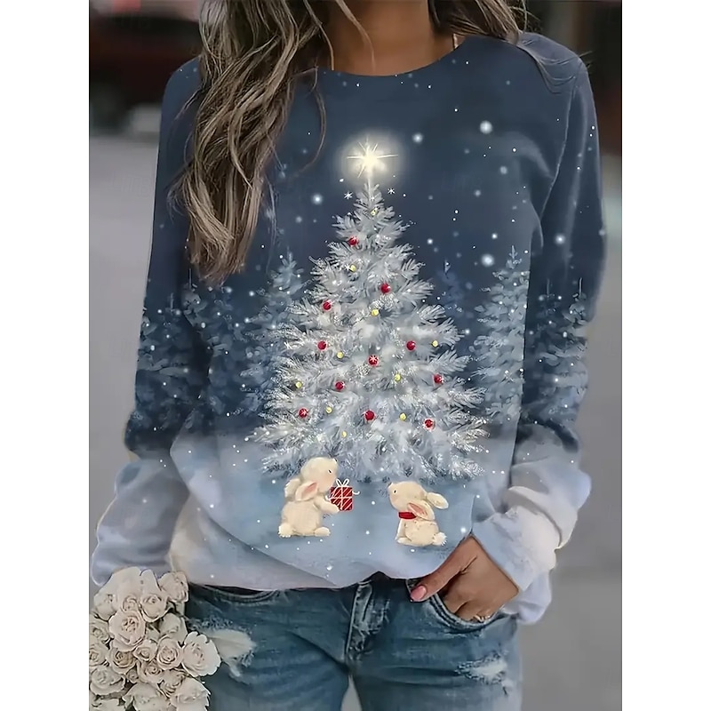 Christmas Women's Pullover Sweatshirt Hoodies Graphic Animal Tree Fashion Casual Long Sleeve Crew Neck Round Neck Regular Tops Street Dailywear Casual Print Black Blue Green Spring Fall Winter