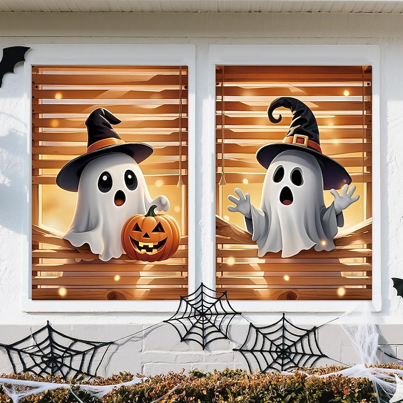 Halloween Hanging Window Cover Pumpkin Ghost Witch Hat Spooky Photo Background Decoration Blanket Curtains for Home Bedroom Living Room Party Holiday Indoor Outdoor Decor3