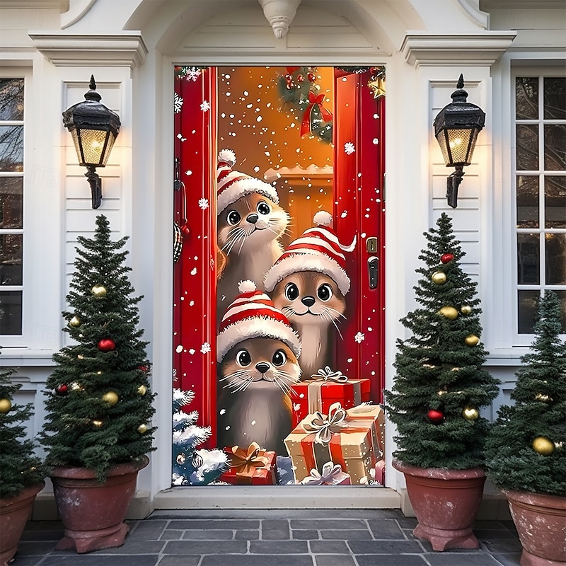 Christmas Posters Door Cover Outdoor Banners Santa Claus Squirrel Cute 3D Party Dorm Teens Room College Dorm Guys Man Cave Frat Bedroom Shooting Backgrounds Home Decor3