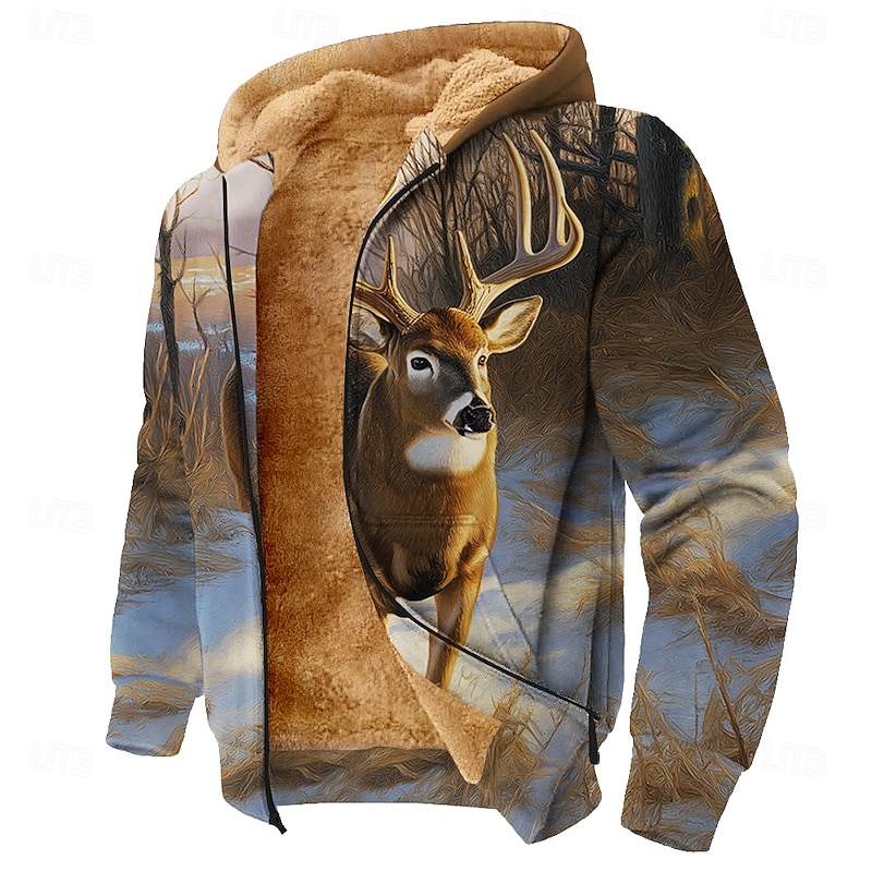 Men's Camouflage Deer Fleece Hoodie Jacket Classic Military Long Sleeve Crew Neck Outdoor Camping Brown Light Grey Zip Up Fall Winter Designer4