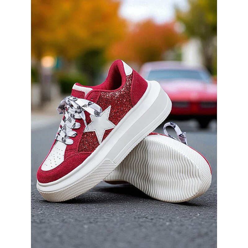 Women's Glitter Star Platform Sneakers - Red and White Chunky Lace-Up Casual Shoes with Sparkly Sequin Detail for Street Style, Travel & Festivals4