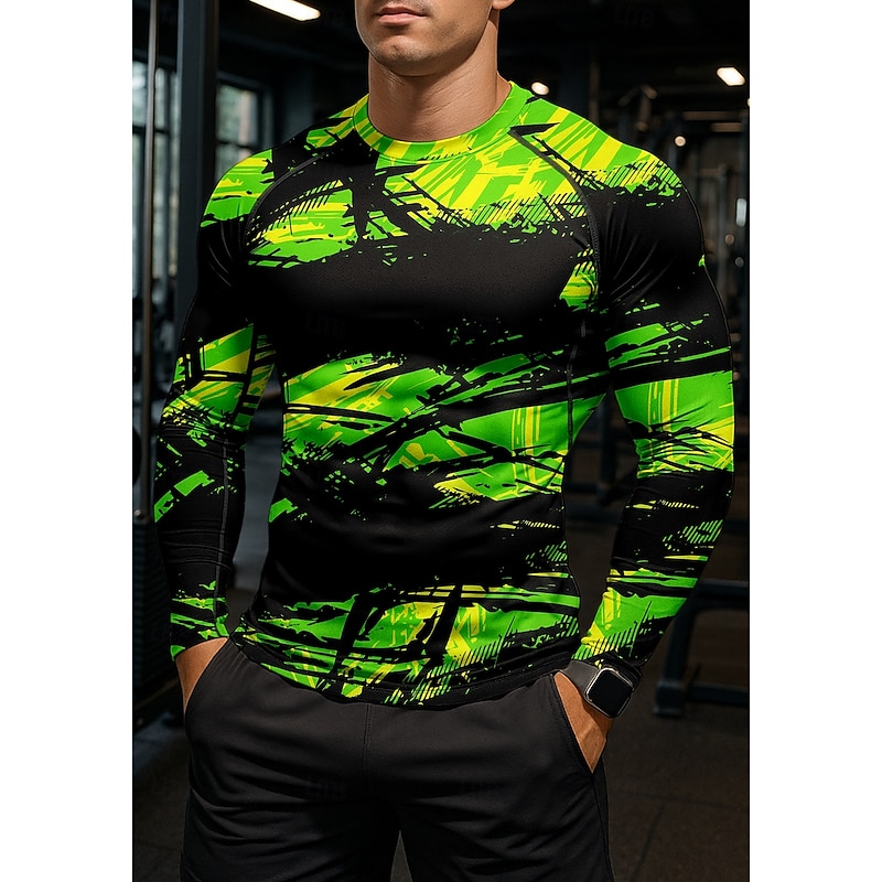 Men's Compression Shirt Running Shirt 3D Print Long Sleeve Base Layer Abstract Quick Dry Compression Power Flex Moisture Wicking Gym Workout Active Training Exercise Sportswear Activewear Green