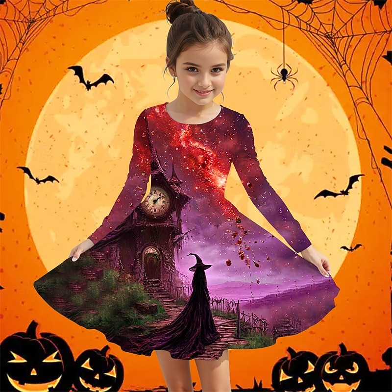 Halloween Girls' 3D Graphic Dress Long Sleeve Summer Spring Vacation Daily Holiday Princess Beautiful Sweet Kids 4-12 Years Casual Dress A Line Dress Knee-length Regular Fit2