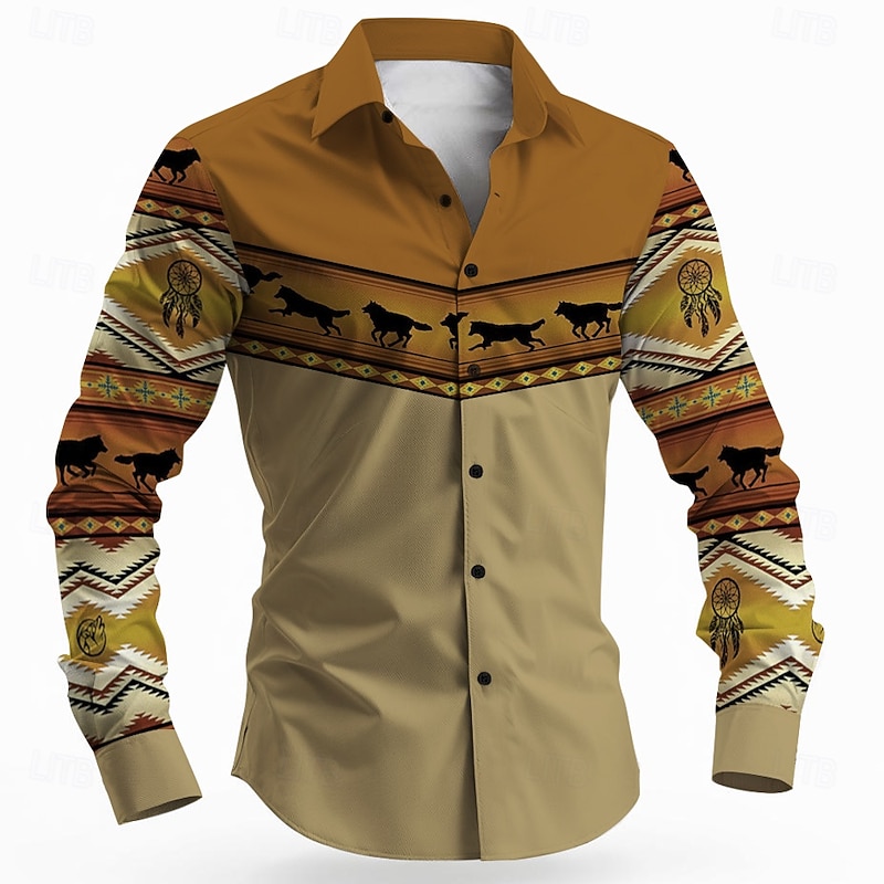 Men's Wolf Dream Catcher Ethnic Shirt Button Up Shirt Long Sleeve Vintage Retro Outdoor Camping & Hiking Hunting Spring Fall Turndown 3D Print Collared Shirts Orange Khaki Beige2