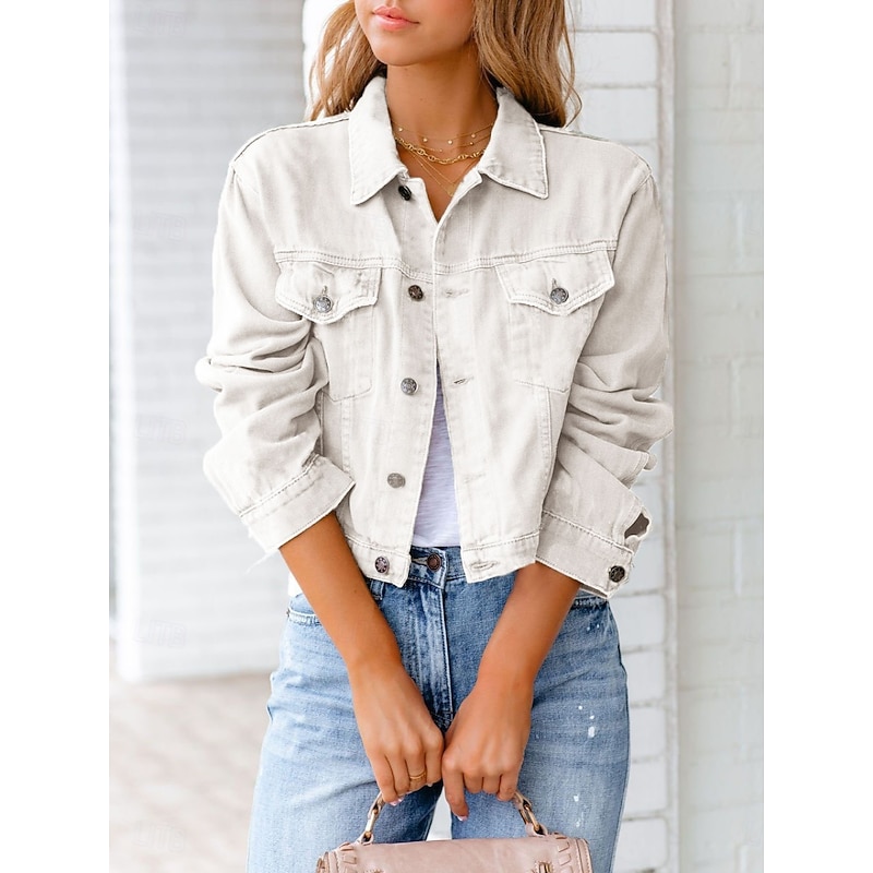 Women's Shirt Jacket Casual Jacket Denim Jacket Comfortable Breathable Pocket Buttons Casual Plain Vacation Street Casual Daily Wear Single Breasted Short Turndown Regular Fit Long Sleeve Outerwear2