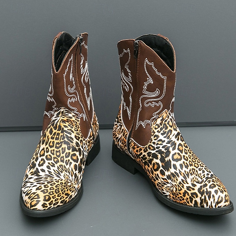 Men's Leopard Print Cowboy Boots – Exotic Faux Leather Western Style Mid-Calf Boots for Rodeo, Stage Performance and Fashion Parties2
