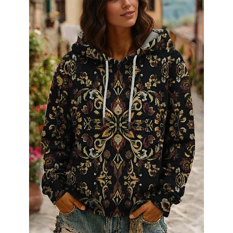 Women's Pullover Hoodies Floral Vintage Streetwear Long Sleeve Hooded Regular Tops Dailywear Casual Drawstring Print Navy Blue Green Spring Fall2