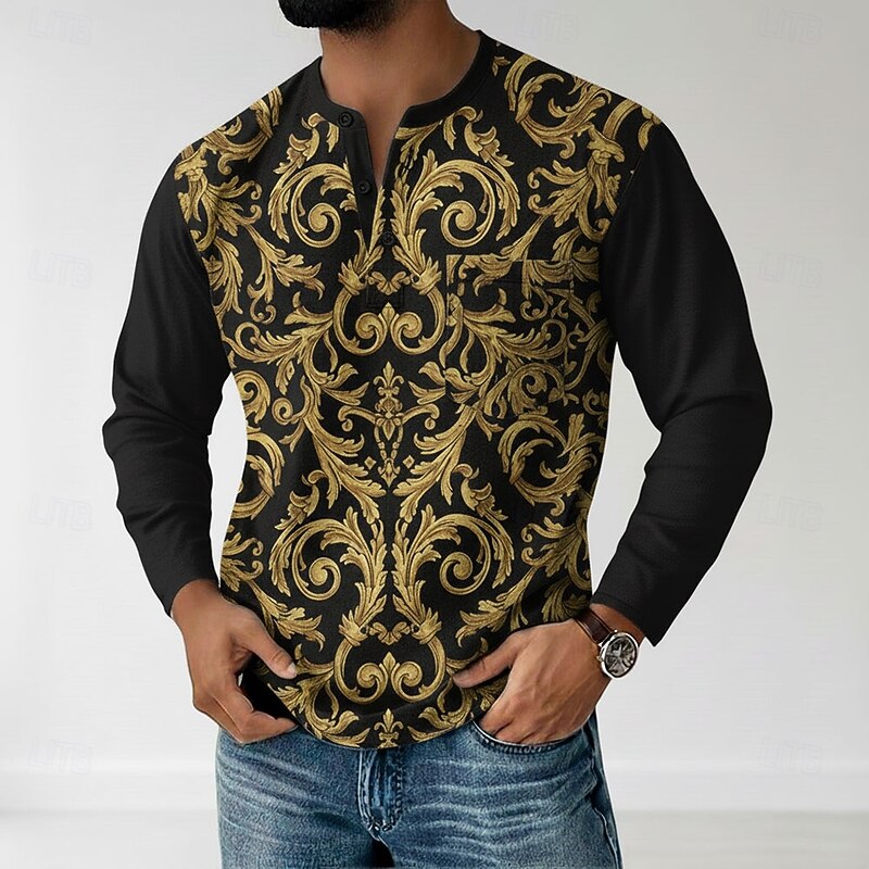 Men's Graphic Paisley Henley Shirt T shirt Tee Long Sleeve Retro Vintage Casual Casual Spring Fall All Seasons Black White Blue Orange Henley Henley T-Shirt2