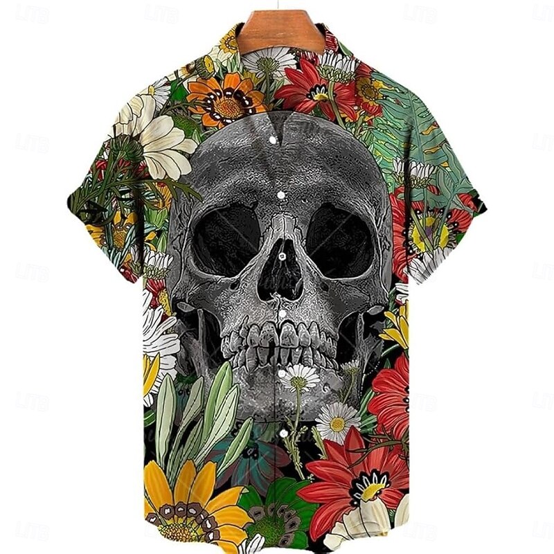Halloween Skeleton Skull Pumpkin Hawaiian Shirts Aloha Shirt Button Down Shirt Print For Men's Adults' Halloween Carnival Masquerade 3D Print Party Halloween4