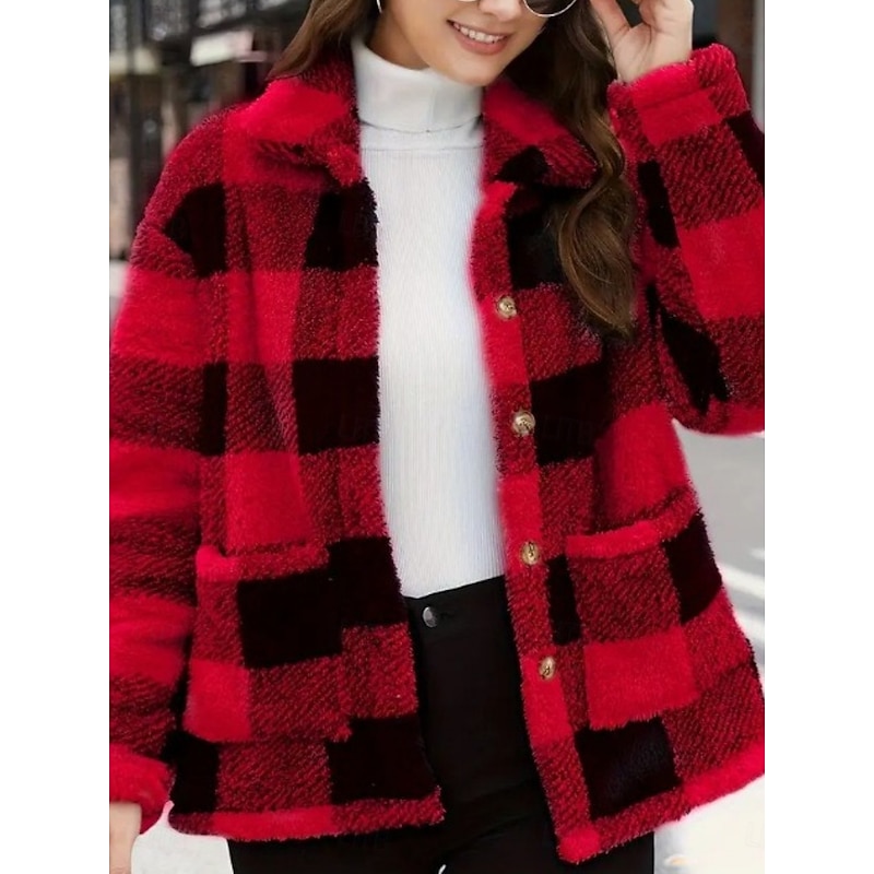 Women's Fleece Jacket Comfortable Breathable Pocket Buttons Print Fashion Casual Plaid Vacation Street Casual Daily Wear Single Breasted Regular Turndown Regular Fit Long Sleeve Outerwear Black Red3