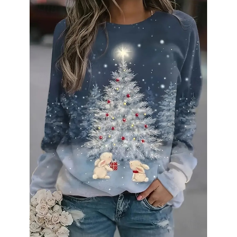 Women's Pullover Graphic Christmas Tree Casual Long Sleeve Crew Neck Regular Tops Casual Holiday Print Blue Green Spring Fall Winter