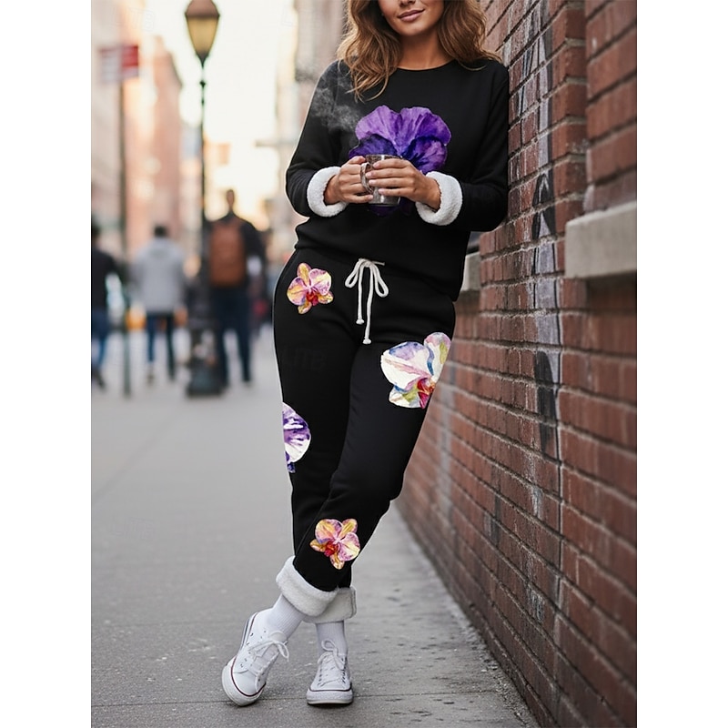 Women's Elegant Warm Fashion Two Piece Sets Tracksuit Pants Sets Long Sleeve Crew Neck Floral Print Outdoor Vacation Daily Black Pink Dark Pink Spring Regular Fit2