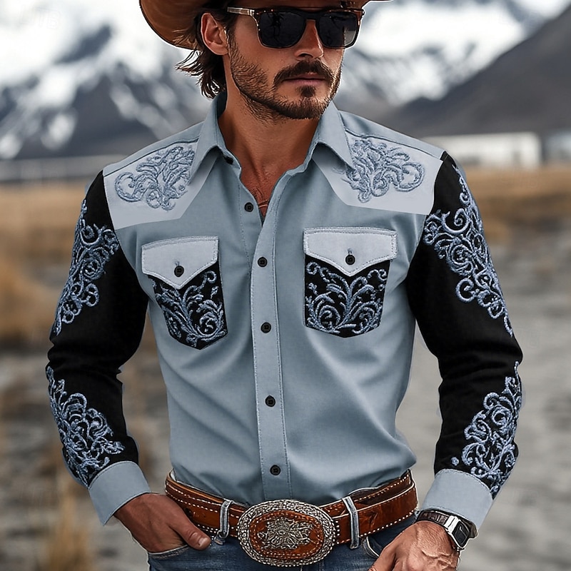 Men's Floral Print Ethnic Flowers Shirt Western Shirt Cowboy Shirt Long Sleeve Vintage Retro Outdoor Daily WorkWear Fall & Winter Turndown 3D Print Front Two Pockets Button Up Shirts Blue Orange Khaki2