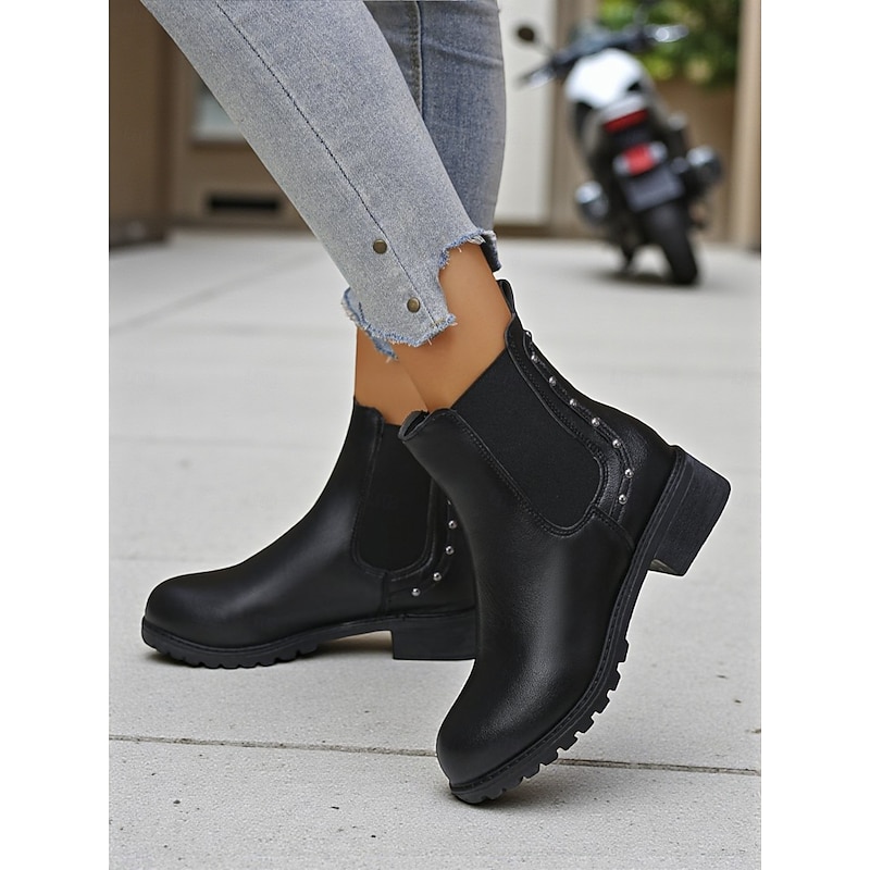 Women's Black Chelsea Boots with Low Heel and Studded Details – Classic Slip-On Ankle Boots for Daily Wear