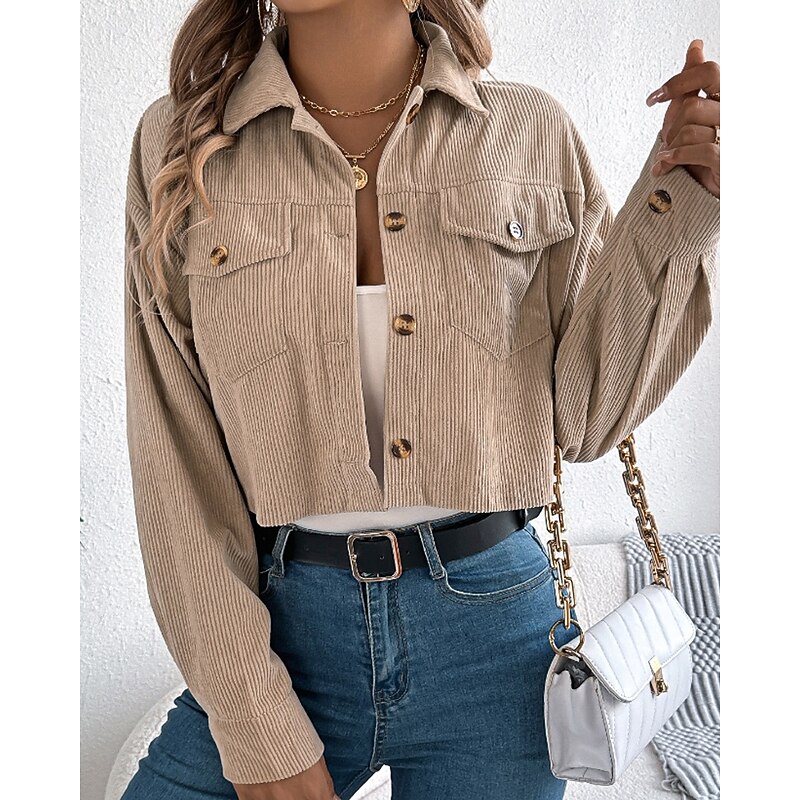 Women's Jacket Casual Jacket Comfortable Pocket Buttons Casual Plain Vacation Street Daily Wear Going out Short Turndown Regular Fit Long Sleeve Outerwear Black Pink Khaki Fall Winter4