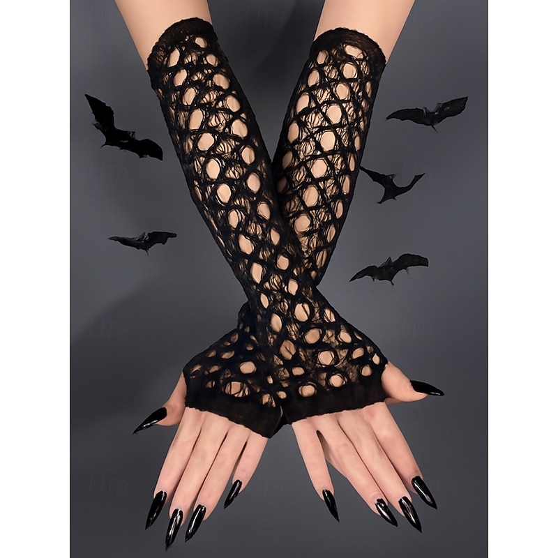 Women's Halloween Gothic Lace Gloves – Black Fishnet Fingerless Arm Warmers for Party, Cosplay and Costume Outfits2