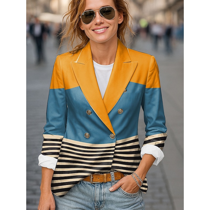 Women's Blazer Comfortable Breathable Buttons Print Fashion Casual Geometric Office Street Casual Daily Wear Double Breasted Regular Notch Lapel Regular Fit Long Sleeve Outerwear Black Yellow Blue