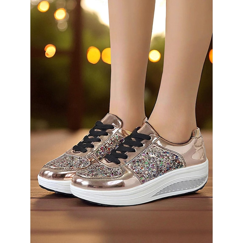 Women's Glitter Platform Sneakers - Fashion Lace-Up Chunky Sole Casual Shoes for Nightlife & Party Outfits2