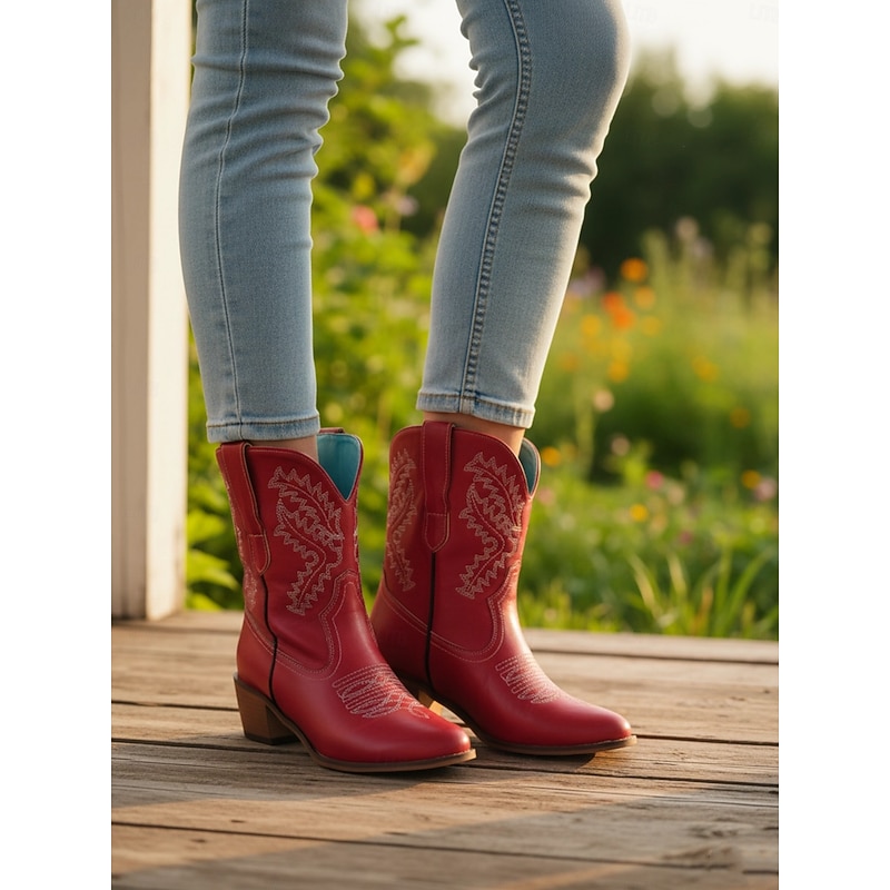 Women's Red Western Cowboy Boots with Embroidery for Vintage Style and Everyday Wear2