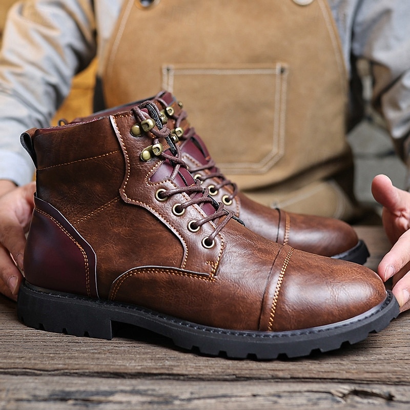 Men's Rugged Brown Lace-Up Ankle Boots with Padded Collar, Durable Outdoor Workwear Style for Hiking, Construction and Casual Streetwear3