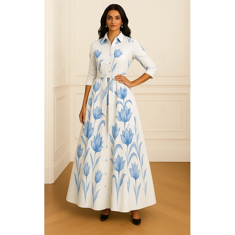 A-Line Mother of the Bride Dress Formal Shirt Dress Elegant Shirt Collar Floor Length Satin 3/4 Length Sleeve with Bow(s) and Print2