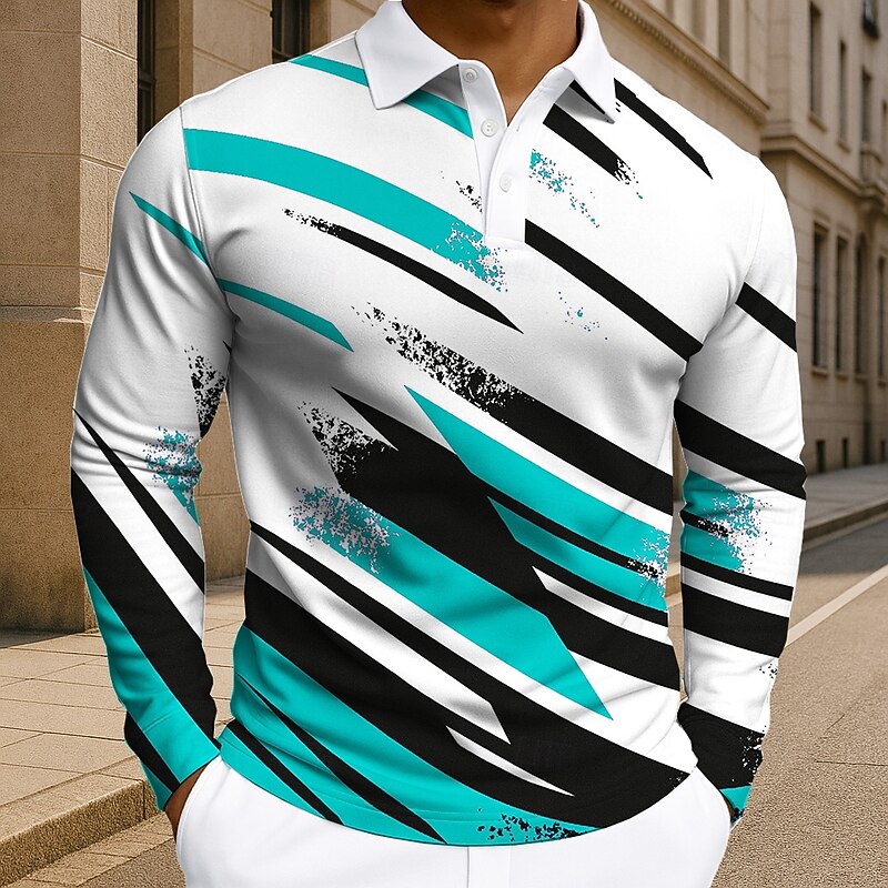 Men's Geometic Line Polo Long Sleeve Polo Shirts Lapel Casual Athleisure Daily Wear 3D Print Buttons Spring Fall Winter Red Blue Purple3