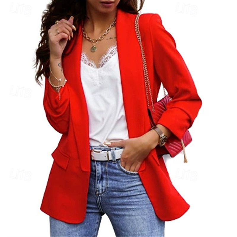 Women's Blazer Comfortable Pocket Elegant Fashion Outdoor Plain Going out Casual Daily Weekend Cardigan Regular Lapel Regular Fit Long Sleeve Outerwear Red Beige Spring Fall