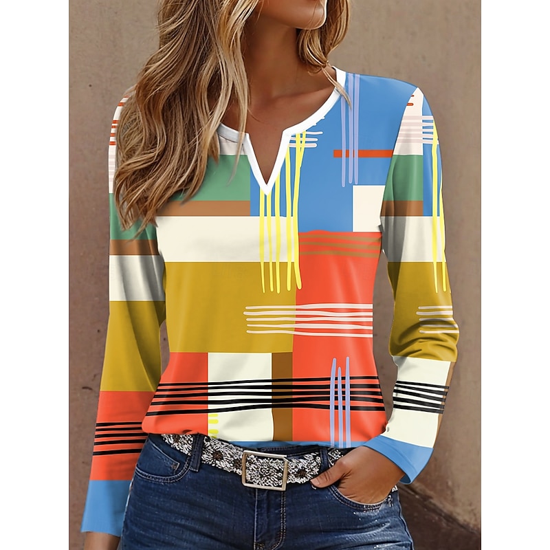 Women's T Shirt Graphic Geometric Vintage Stylish Modern Long Sleeve Notched Neck Regular Tops Daily Weekend Print Yellow Blue Orange Khaki Spring Fall4