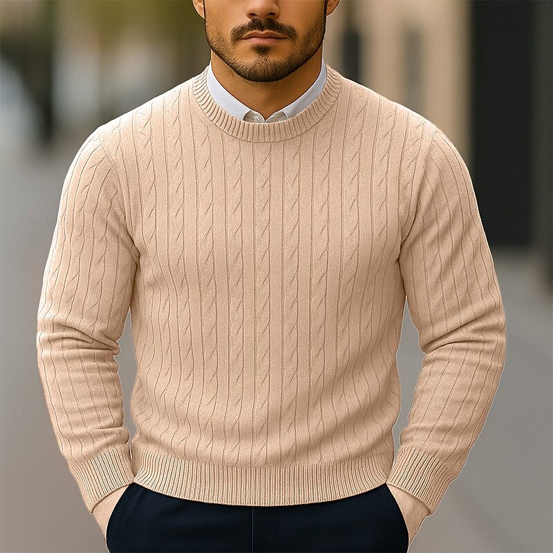 Men's Sweater Pullover Sweater Jumper Ribbed Cable Knit Regular Tops Knitted Slim Fit Plain Crew Neck Knitwear Contemporary Casual Daily Wear Clothing Apparel Fall All Seasons Black White S M L