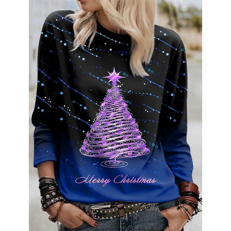 Christmas Women's T Shirt Graphic Christmas Tree Vintage Fashion Stylish Long Sleeve Crew Neck Regular Tops Daily Weekend Print Red Blue Purple Green Spring Fall Winter4