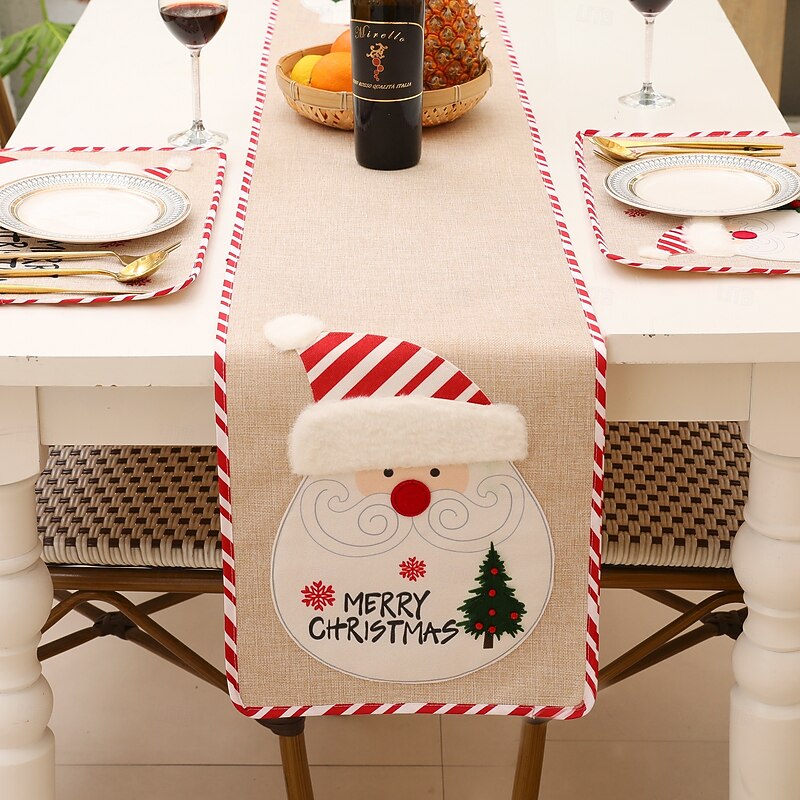 Christmas Burlap Table Runner with Santa Embroidery, Holiday Dining Table Flag, Xmas Home Hotel Restaurant Table Decoration