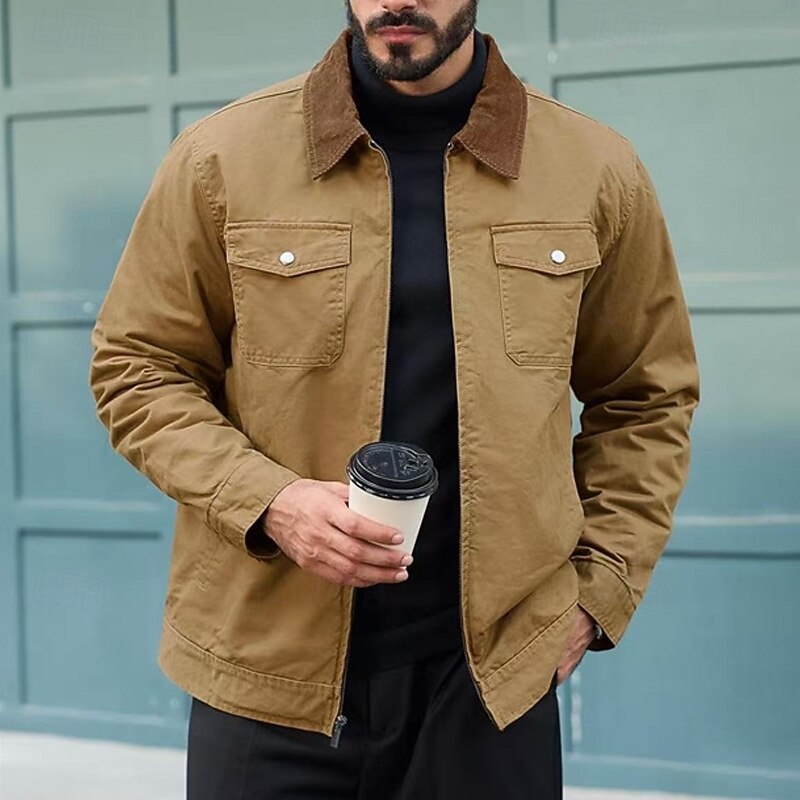 Men's Cargo Jacket Casual Jacket Vacation Daily Warm Pocket Spring Fall Plain Fashion Classic Lapel Regular Black Navy Blue Brown Green Khaki Jacket