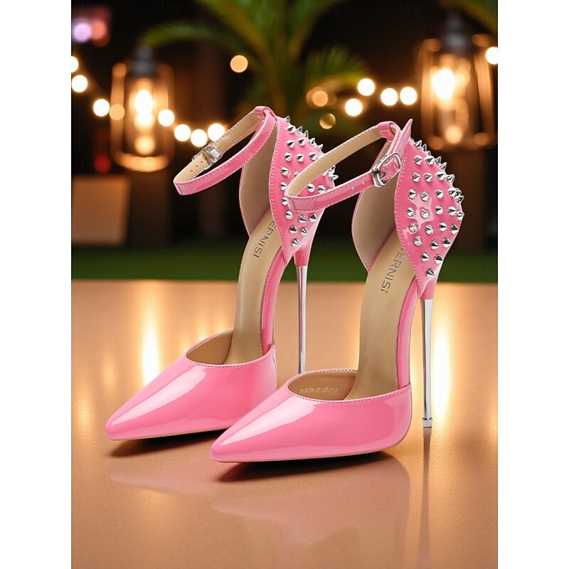 Women's Pink Patent Leather Ankle Strap Stiletto Heels with Studded Back - Sexy Pole Dance Shoes for Nightlife Party3